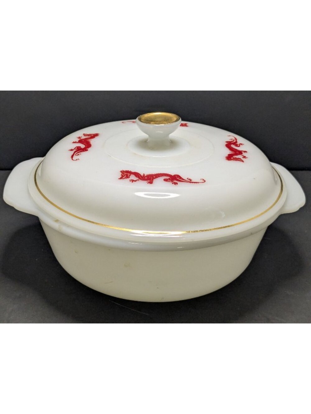 Vtg, !950's Fire King Red Dragon Milk Glass Casserole Dish Lid Gold Trim 2 qt.